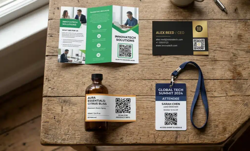 QR code marketing: How to capture attention and drive results 1 Assorted marketing materials with different QR codes on a wooden table
