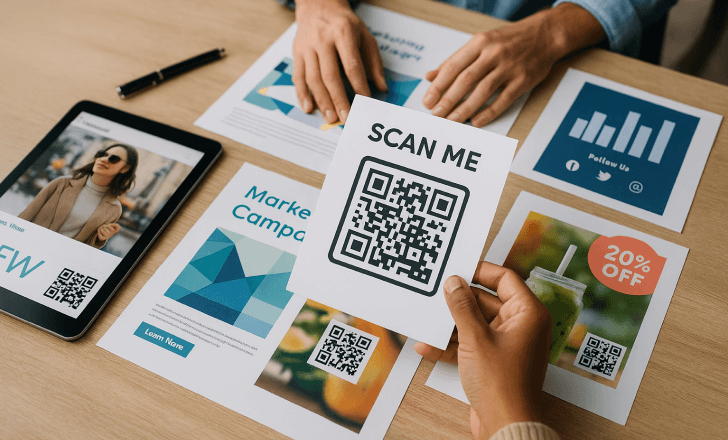 What types of marketing materials can include QR codes?
