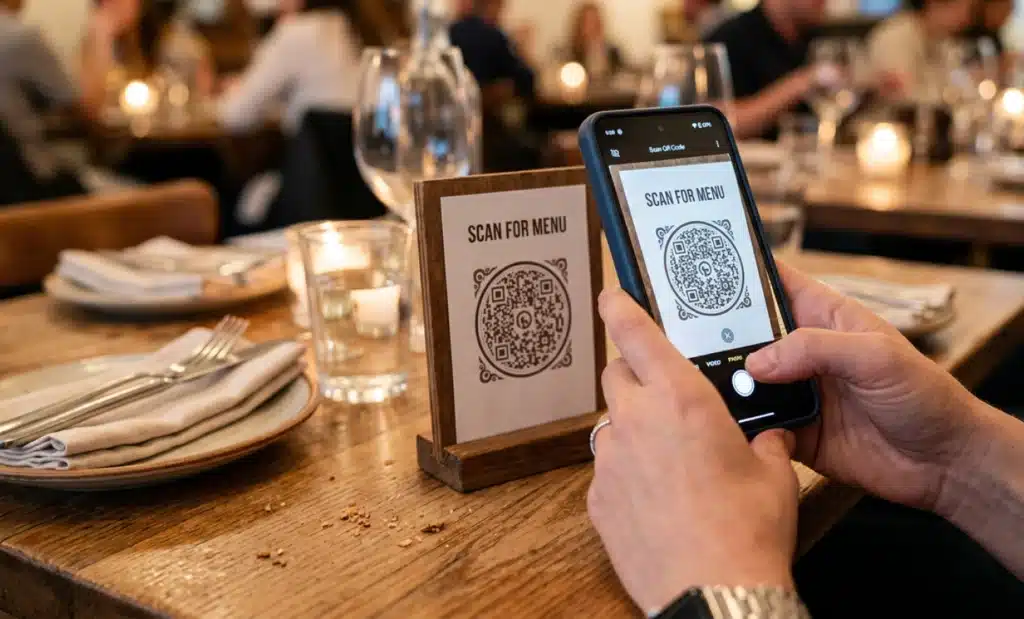 How QR codes work: Uncovering their function and impact on our world 1 Hands using a smartphone camera to scan a QR code on a restaurant table.