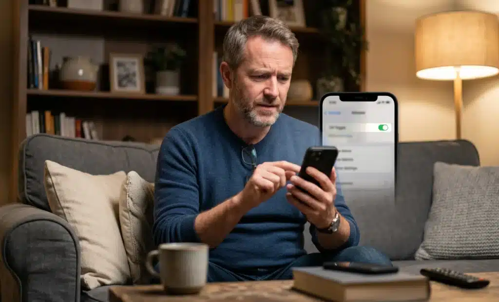 How to scan QR codes on iOS: the complete step-by-step guide 1 Person adjusting iPhone settings on a sofa to enable QR code scanning