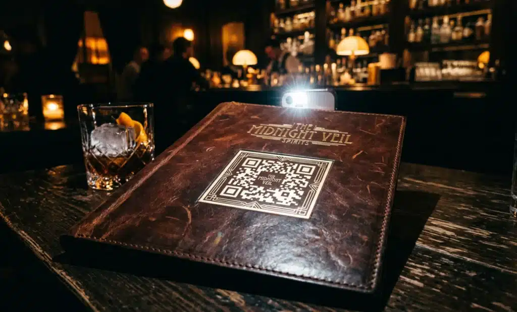QR scanner: Everything you need to know about scanning QR codes 2 Phone flash lighting up a QR code on a menu in a dark bar.