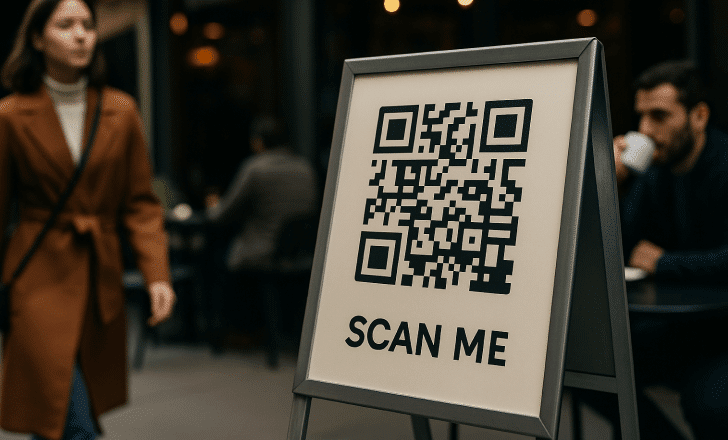 A QR code poster displayed on a metal stand outside a café, with people walking and sitting in the background.