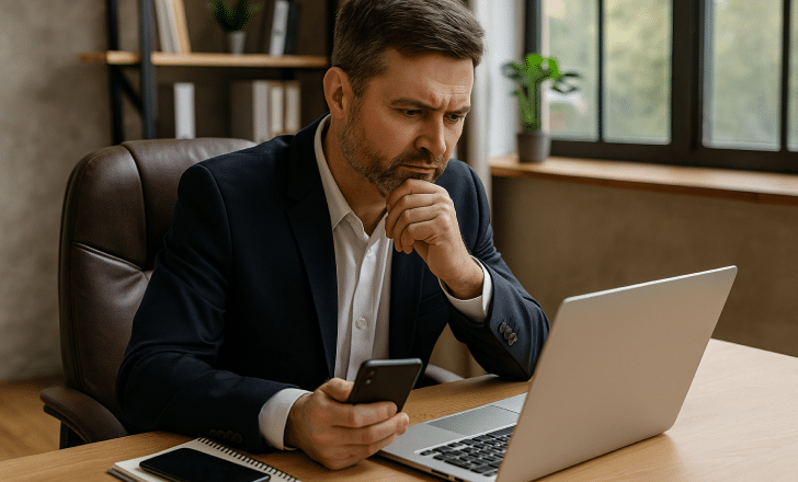 A businessman analyzes data on a laptop while holding a smartphone in a bright office setting.
