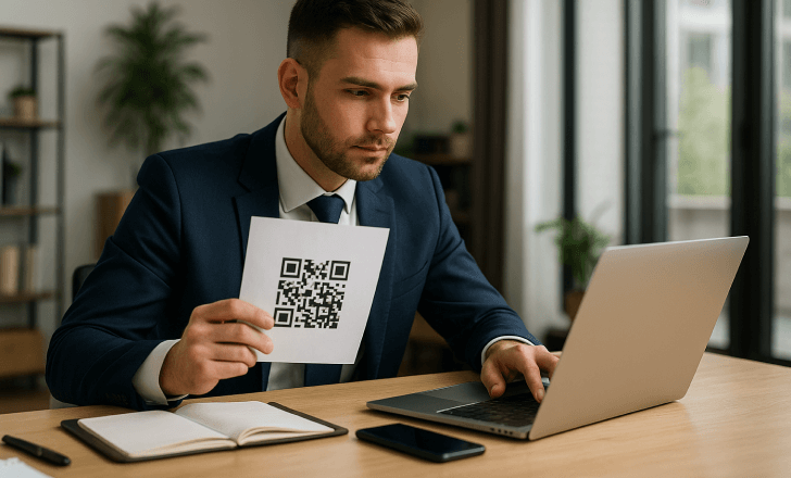 A businessman in a navy suit analyzes a printed QR code at his desk while working on a laptop.
