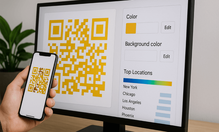 A computer monitor displaying a yellow custom QR code with editing tools for color and background customization