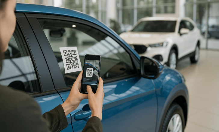 A customer scans a QR code sticker on a car window inside a dealership showroom
