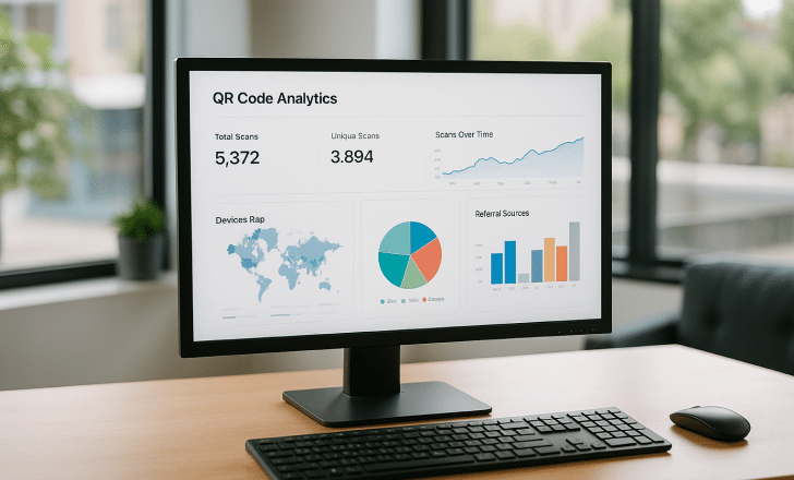 A desktop monitor displays QR code analytics with charts and scan metrics in a modern office setting.