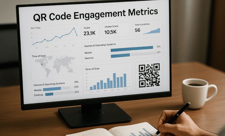 A desktop monitor displays QR code engagement metrics with scan charts, while a person takes notes in a graph-filled notebook nearby.