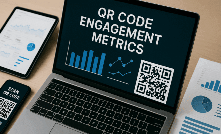 A digital dashboard showing QR code engagement metrics on a laptop, tablet, and smartphone, with graphs and analytics visuals displayed.