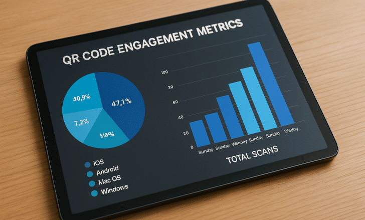 A digital tablet displays QR code engagement metrics, including pie and bar charts, on a wooden desk with natural lighting.