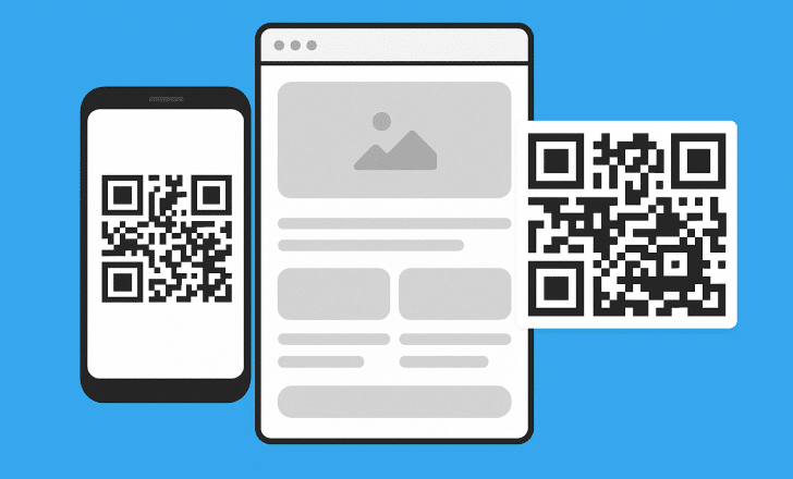 A digital vector illustration showing a smartphone and browser window displaying a modular landing page with dynamic QR codes on a blue background.