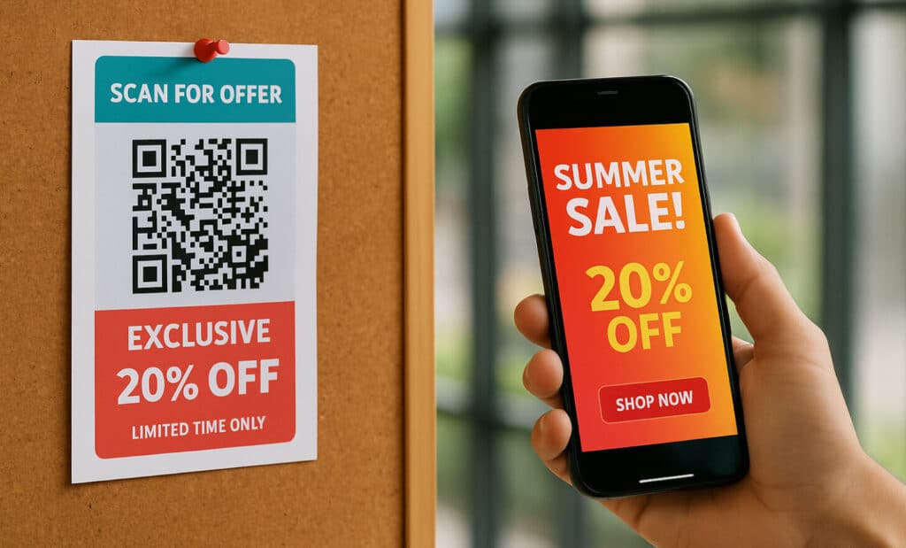 A flyer with a dynamic QR code promoting a 20 summer sale is pinned to a cork board while a smartphone displays the same offer on screen