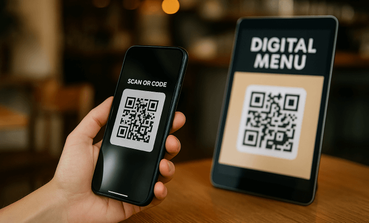 A hand holding a smartphone scanning a QR code from a digital menu displayed on a tablet at a cozy café.
