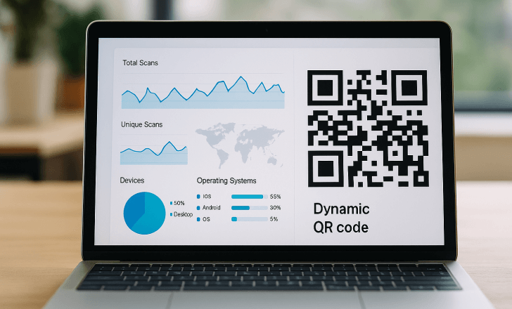 A laptop screen shows charts and data for total scans, unique scans, device types, and QR code engagement analytics.,