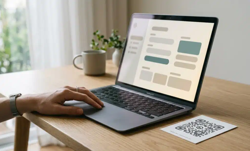 UTM QR code: how to track traffic in your marketing campaigns 1 A laptop with a blurred setup interface beside a generated QR code on a card.