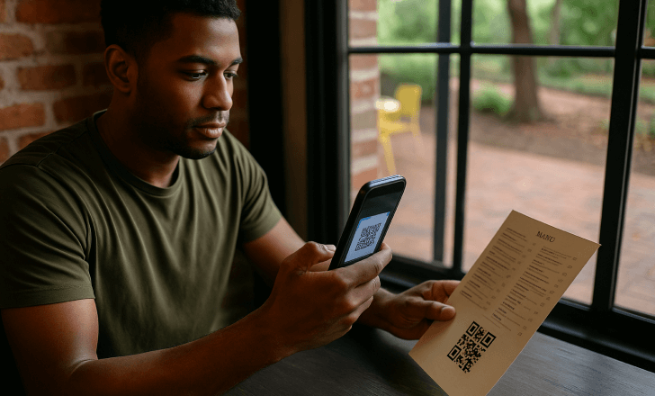 A man at a café table scans a QR code on a printed menu using his smartphone, with natural light streaming through a large window.