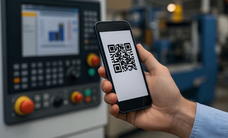 A man holding a smartphone with a QR code in front of an industrial control panel in a factory setting