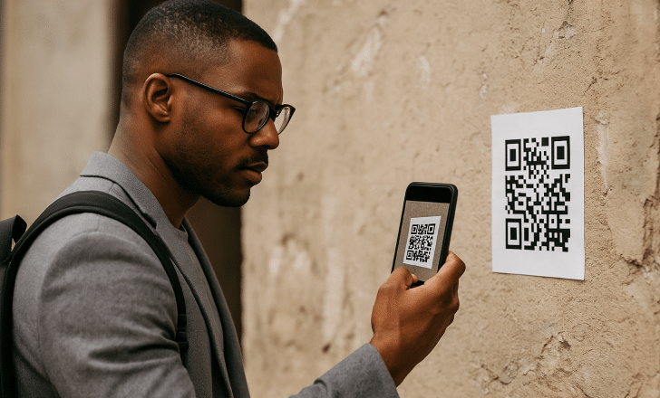 A man in a gray blazer scans a QR code posted on a textured wall using his smartphone, focused and thoughtful.