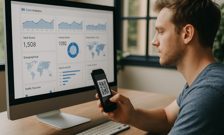 A man reviews QR code analytics on a desktop screen while holding a smartphone displaying a QR code