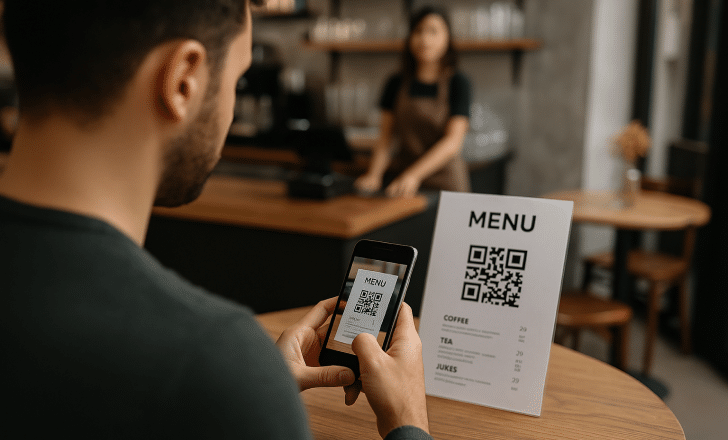 A man scans a QR code menu at a wooden table inside a café while a barista stands in the background.