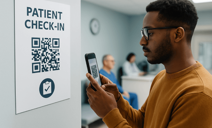 A man scans a QR code on a check-in sign at a medical facility while others wait in the background.