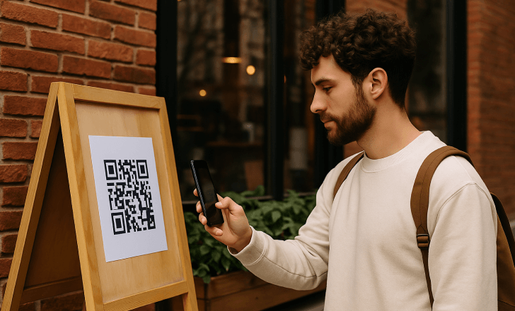 A man scans a QR code on a wooden A-frame sign outside a brick building on a city street.