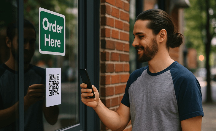 A man scans a QR code on an “Order Here” sign posted on a storefront window in a quiet urban area.