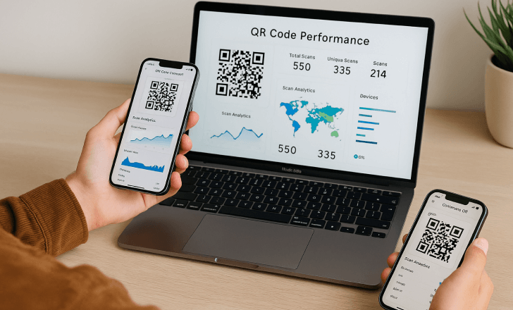 A person analyzes QR code scan performance on a smartphone and laptop, with metrics like scan analytics, devices, and location data.