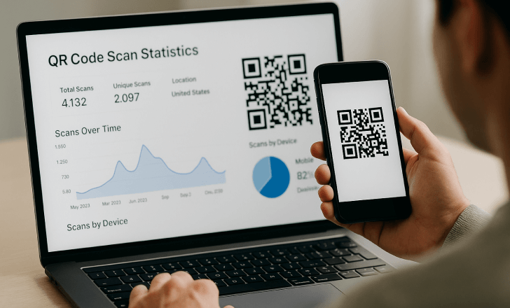 A person analyzing QR code scan statistics on a laptop while holding a phone with a QR code