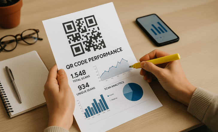 A person highlights a printed QR code performance report showing scan counts, pie charts, and bar graphs on a desk with office items.