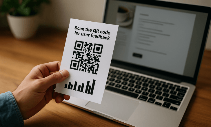 A person holding a QR code feedback card above a laptop displaying a form, on a wooden desk with soft lighting.