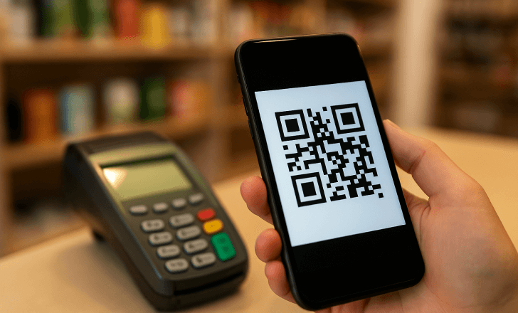 A person holding a smartphone displaying a QR code in front of a payment terminal on a store counter