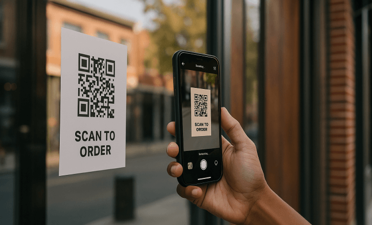 A person scanning a QR code on a glass storefront with a smartphone during golden hour in an urban setting.