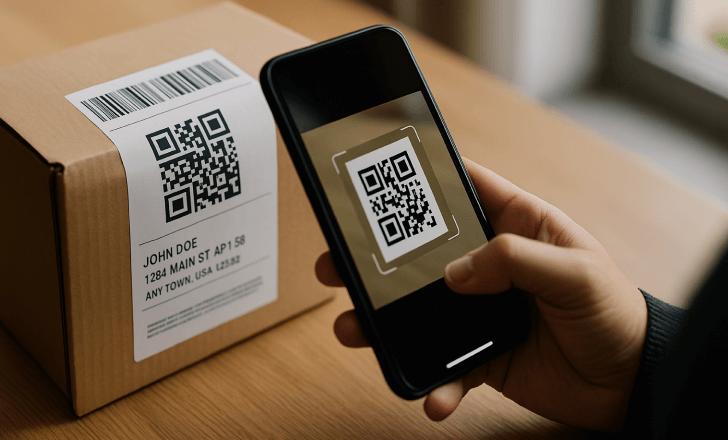 A person scanning a QR code on a shipping label attached to a cardboard package