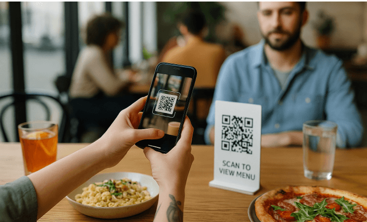 A person scans a QR code menu with a smartphone at a modern restaurant table set with pasta, pizza, and drinks.