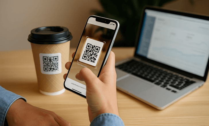 A person scans a QR code on a coffee cup while viewing analytics on a nearby laptop.
