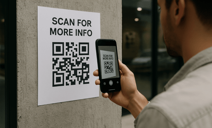 A person scans a QR code on a public poster using a smartphone outside a building.