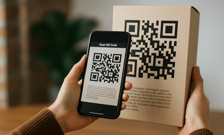 A person scans a QR code printed on product packaging using a smartphone in a cozy indoor setting.