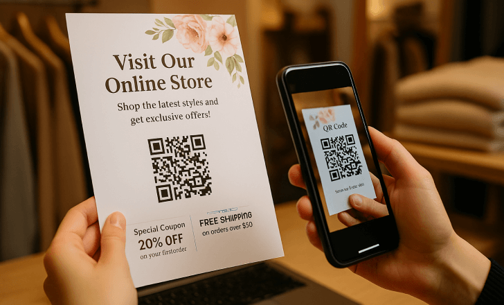 A person scans a floral coupon leaflet with a QR code offering exclusive discounts, inside a cozy clothing store.