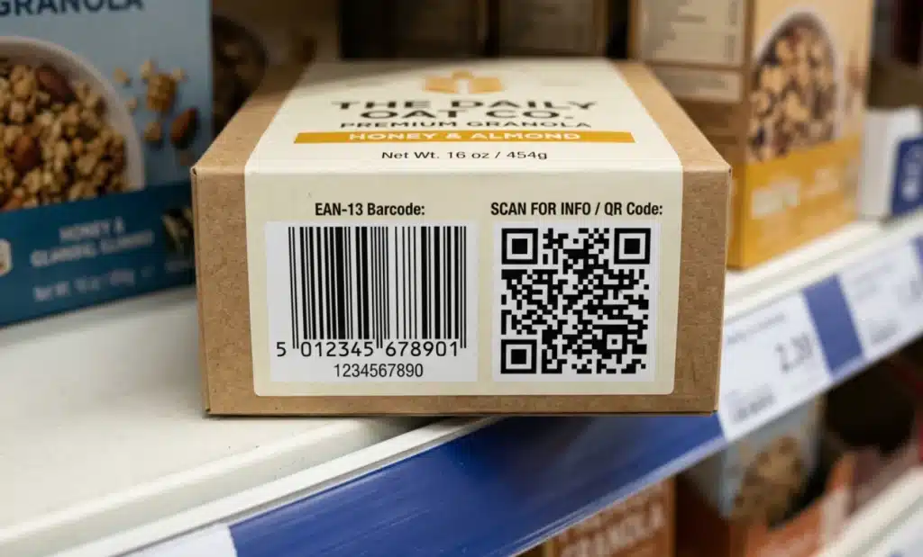 How are QR codes generated? 2 A product label showing a linear barcode and a QR code side by side.