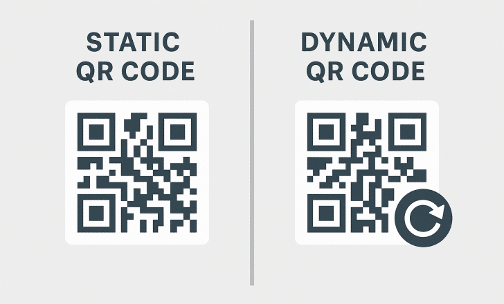 A side-by-side comparison of a static QR code and a dynamic QR code on a light background