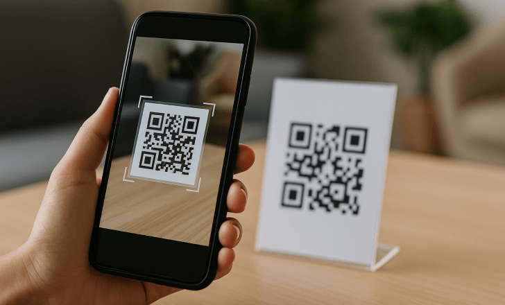 A smartphone actively scanning a QR code sign in a calm, well-lit indoor setting with neutral decor