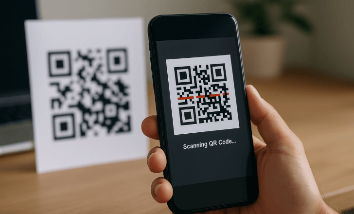 A smartphone actively scanning a printed QR code on a table, with a laptop and plant in the background