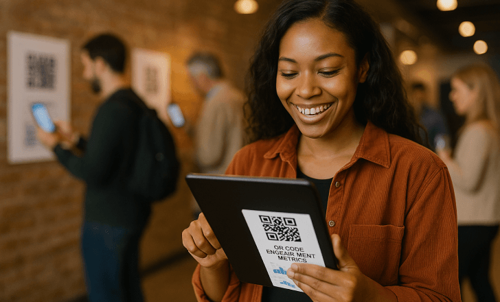A smiling woman at an event checks QR code metrics on a tablet while people in the background scan posters with their phones.