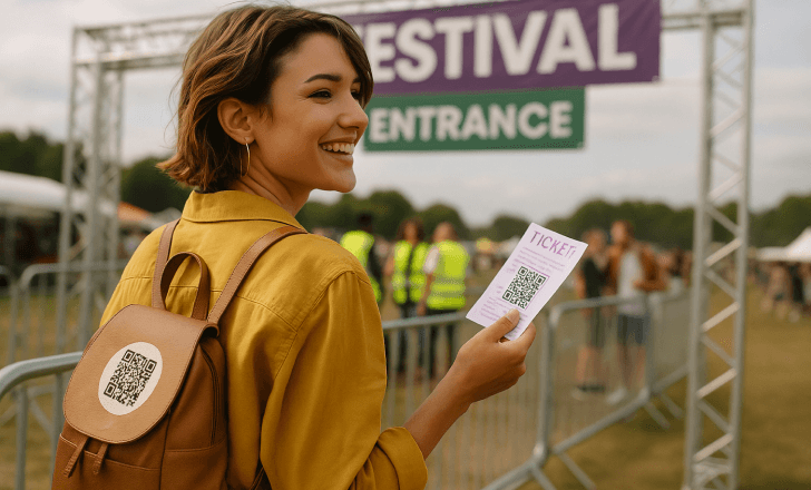 A smiling woman holding a QR-coded festival ticket walks toward the entrance gate at an outdoor event.