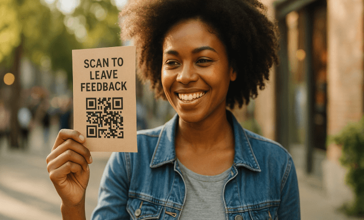 A smiling woman holds a feedback flyer with a QR code on a sunny city street, engaging with the camera.
