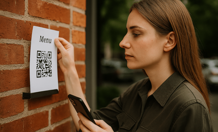A woman examines a paper menu with a QR code posted on a brick wall, holding her smartphone in her other hand.
