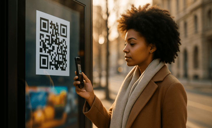 A woman in a camel coat scans a QR code displayed on a digital screen in a sunlit city street.