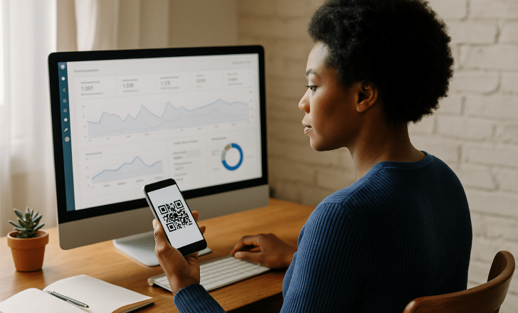 A woman in a home office reviews QR code analytics on a desktop screen while holding a smartphone displaying a QR code.