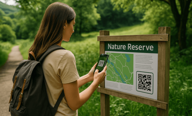 A woman scans a QR code on a trailhead information sign at the entrance of a lush nature reserve.